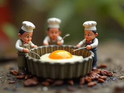 Miniature Chef Figurines Preparing A Fried Egg