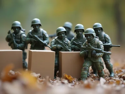 Toy Soldiers Standing Behind Cardboard Barriers