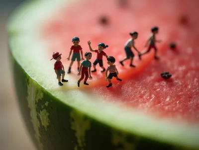 Miniature Figurines Playing on a Fresh Watermelon Slice