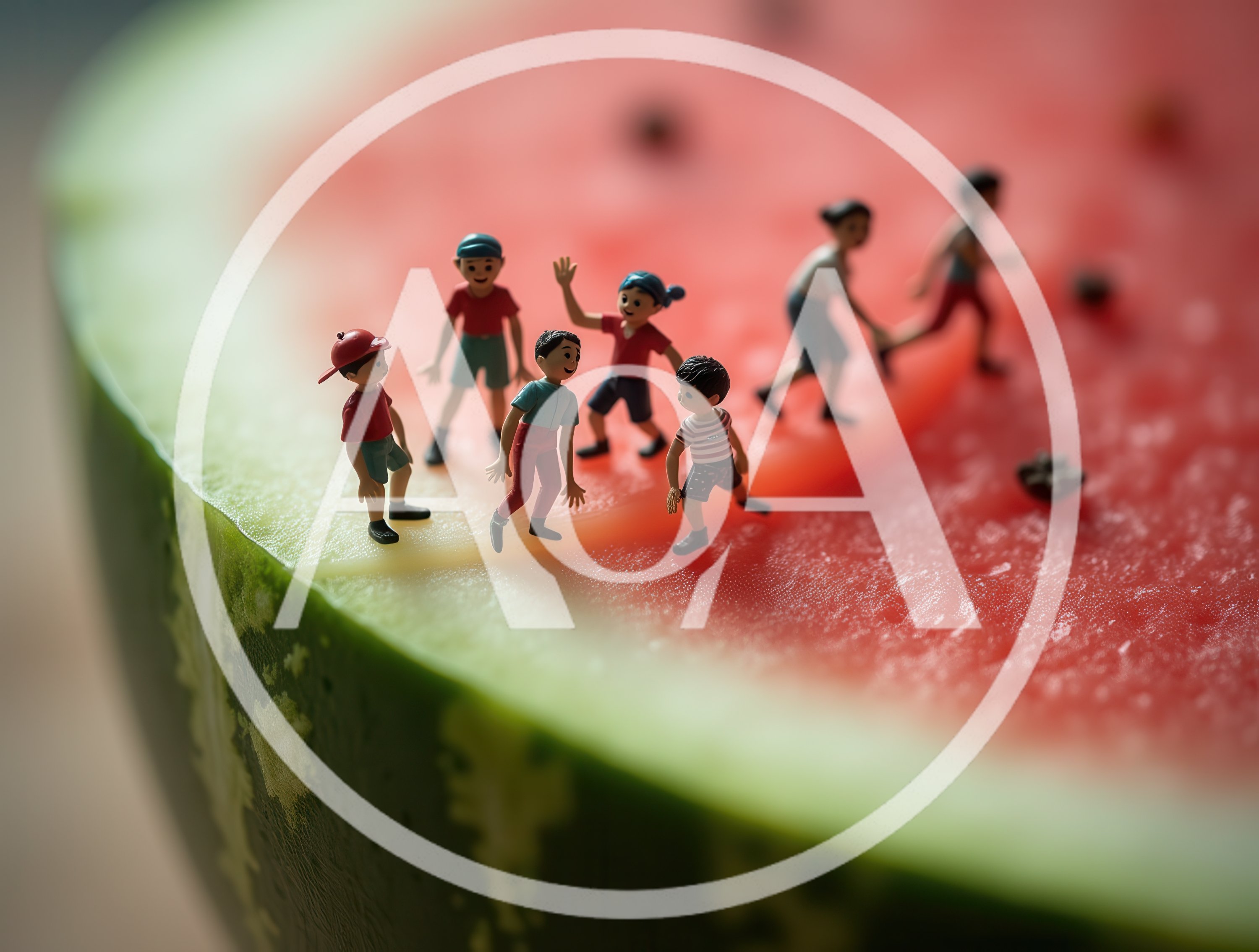 Miniature Figurines Playing on a Fresh Watermelon Slice