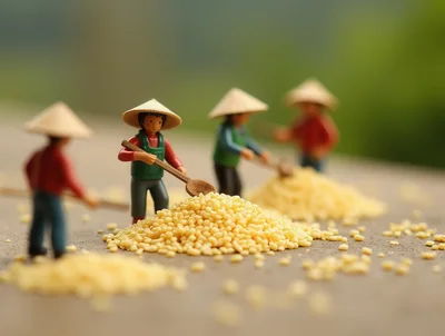 Miniature Figurines Working With Piles Of Yellow Grains