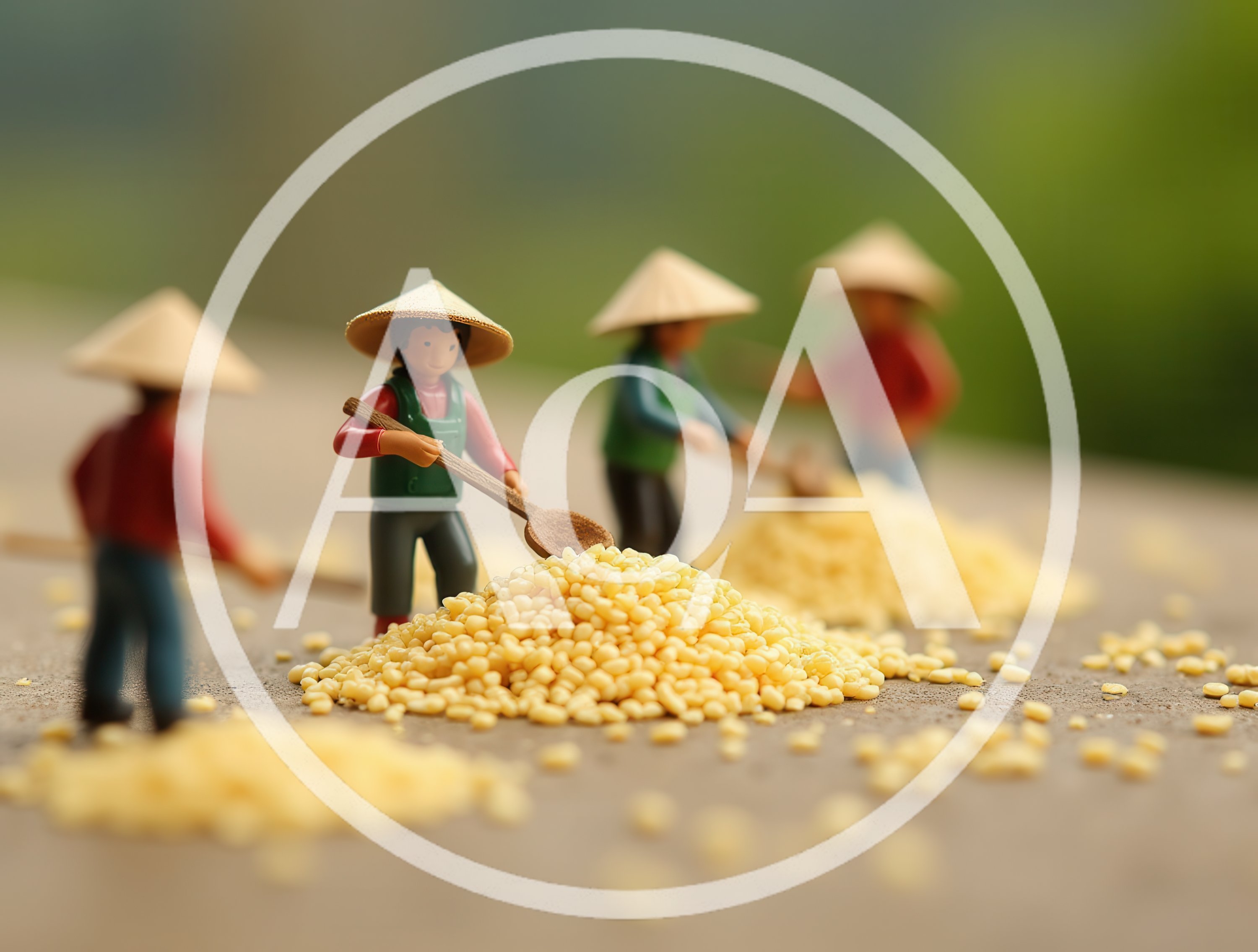 Miniature Figurines Working With Piles Of Yellow Grains
