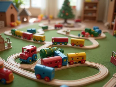 Wooden Toy Train Set on Playroom Floor