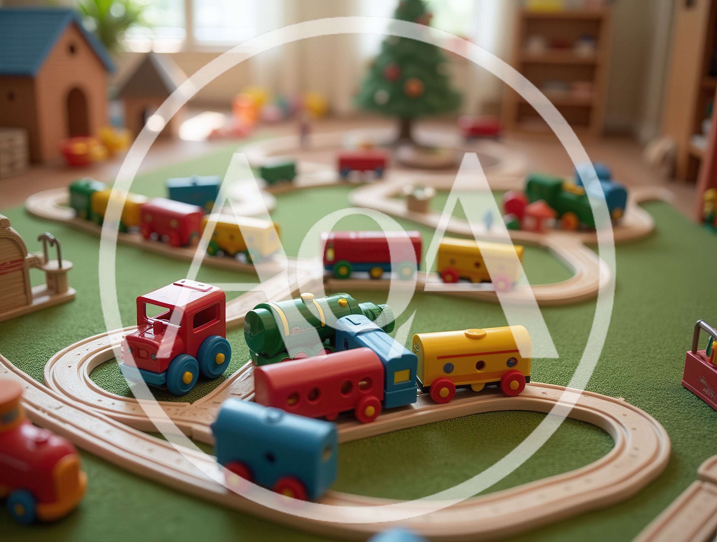Wooden Toy Train Set on Playroom Floor