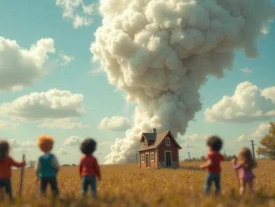 Children Watching A House With A Massive Smoke Cloud