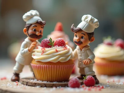 Miniature Chef Figurines Decorating A Gourmet Cupcake