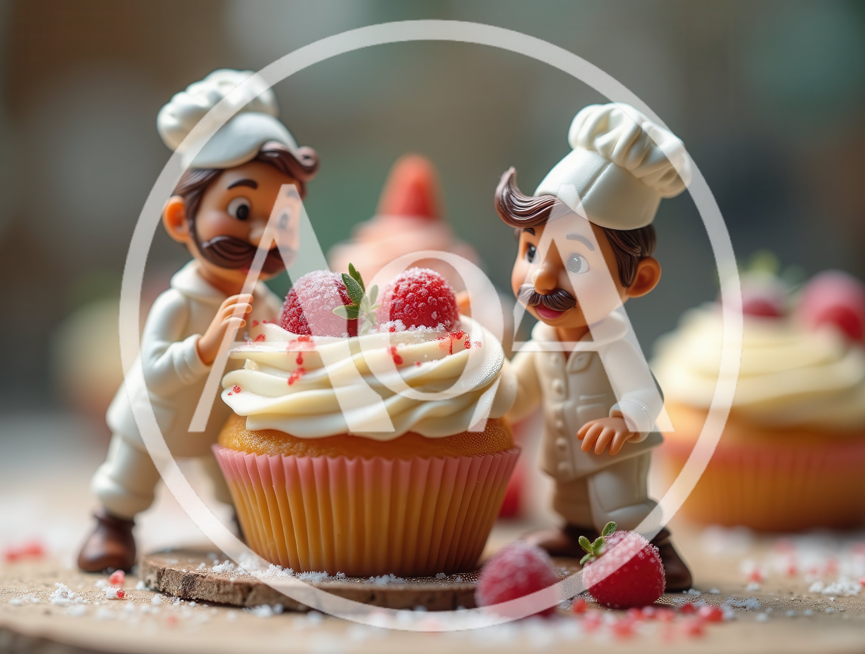 Miniature Chef Figurines Decorating A Gourmet Cupcake