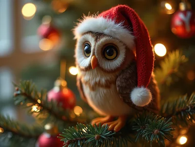 Cute Owl Wearing A Santa Hat On Christmas Tree