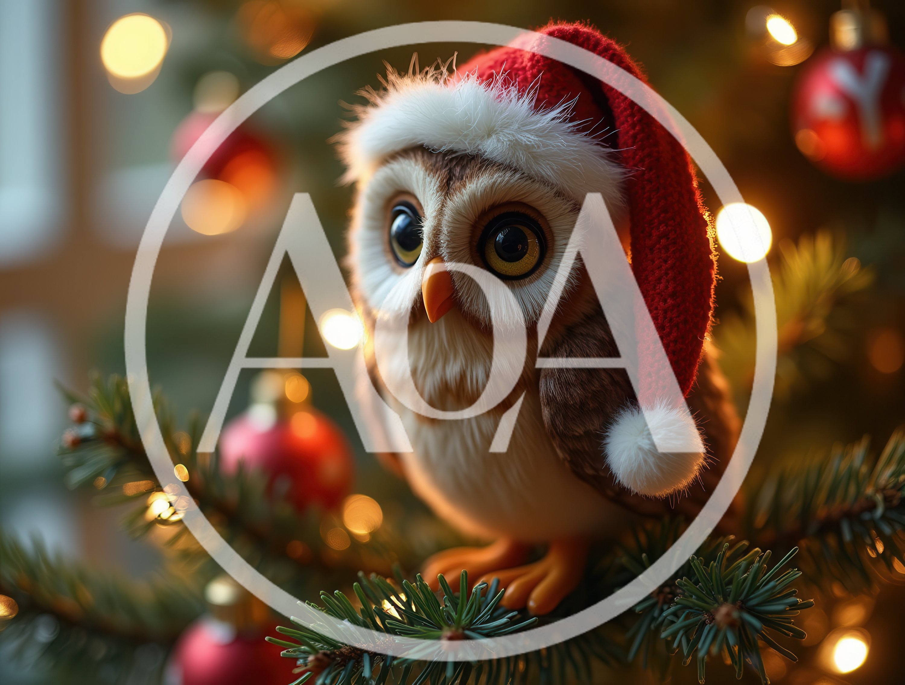 Cute Owl Wearing A Santa Hat On Christmas Tree