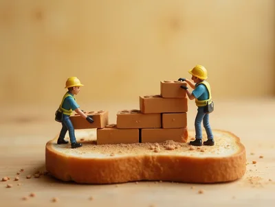 Miniature Construction Workers Building With Bricks On Bread
