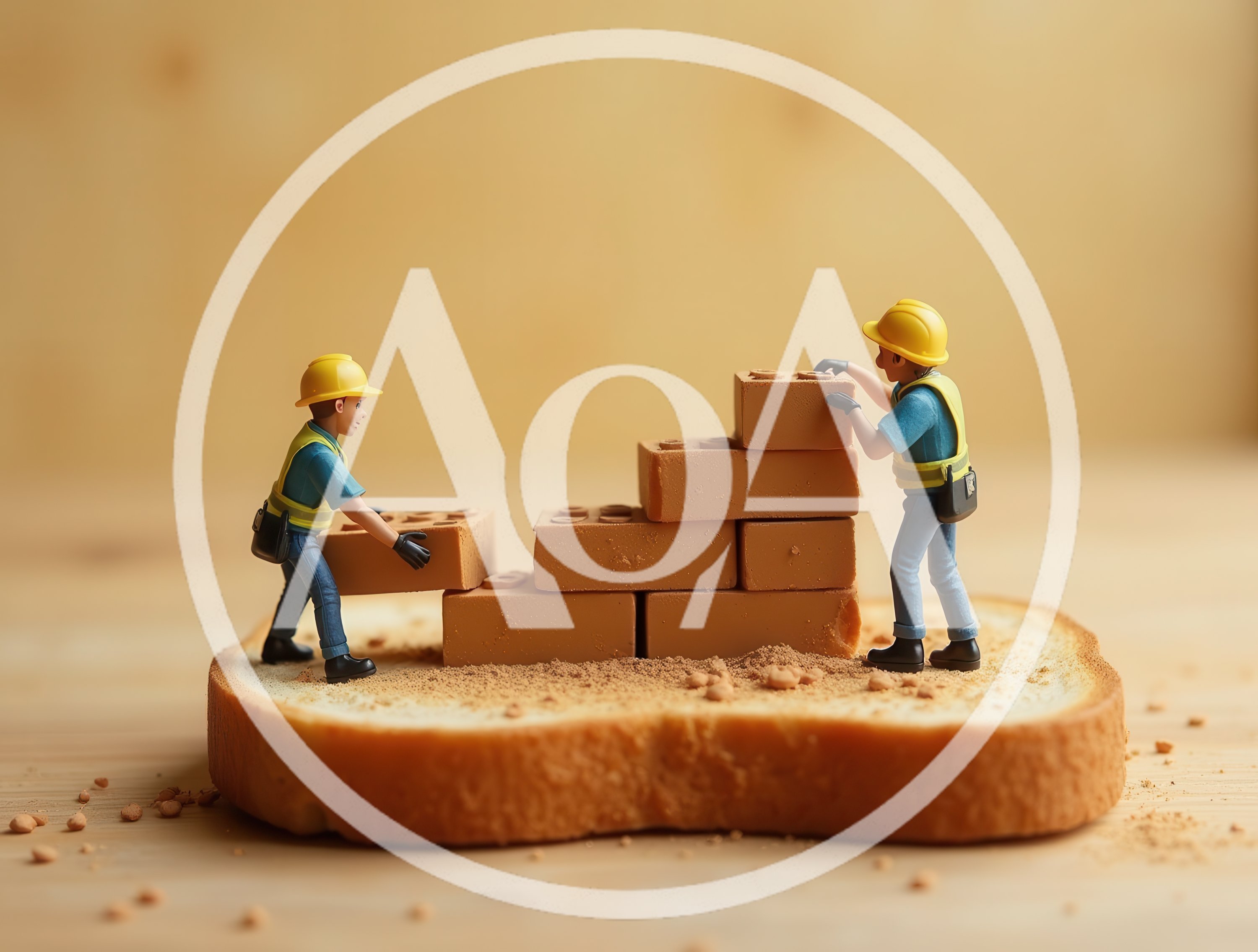 Miniature Construction Workers Building With Bricks On Bread