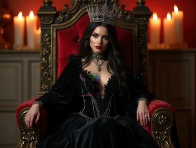 Gothic Queen Sitting On A Red Velvet Throne