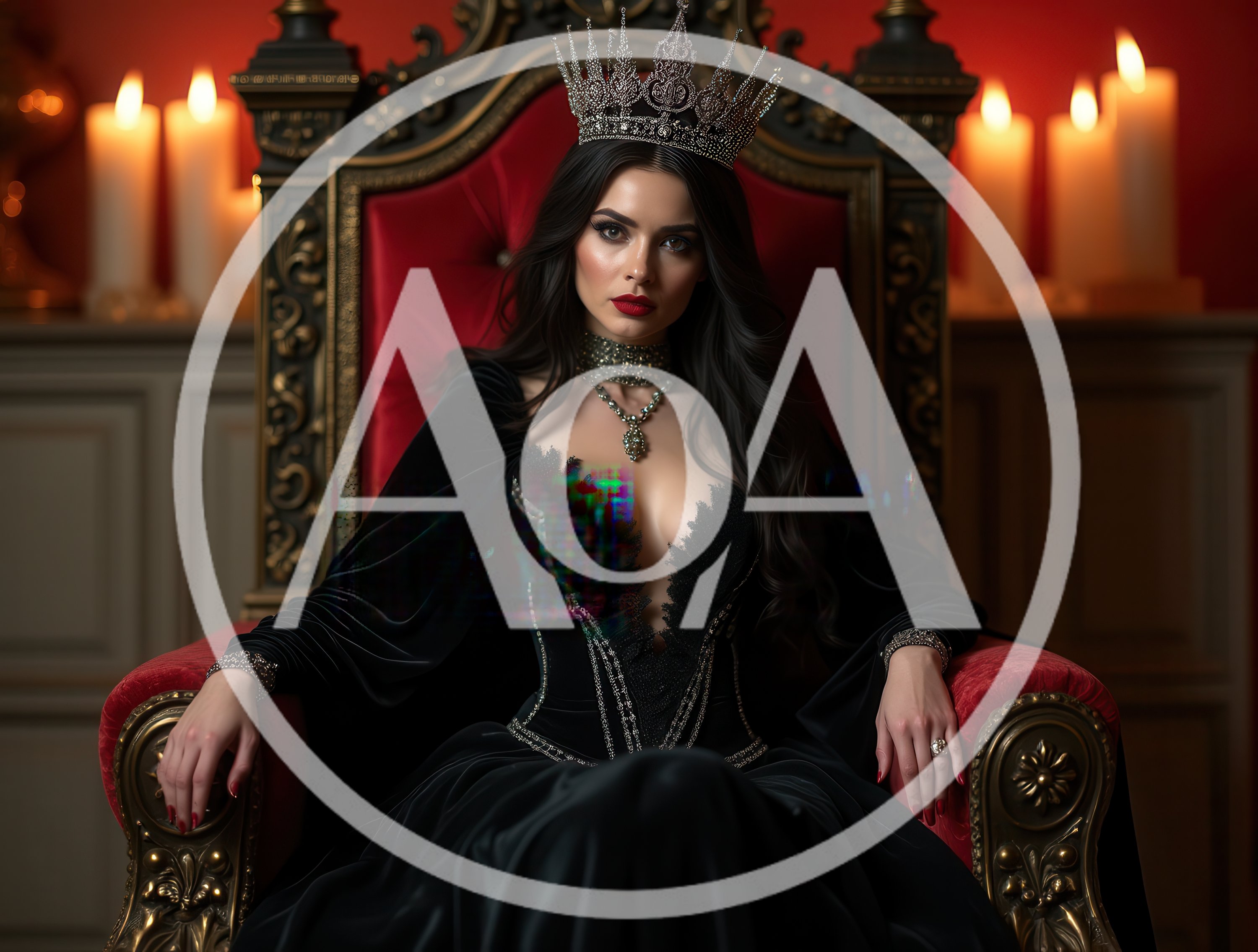 Gothic Queen Sitting On A Red Velvet Throne