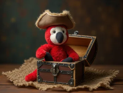 Plush Red Parrot Wearing Pirate Hat In Treasure Chest