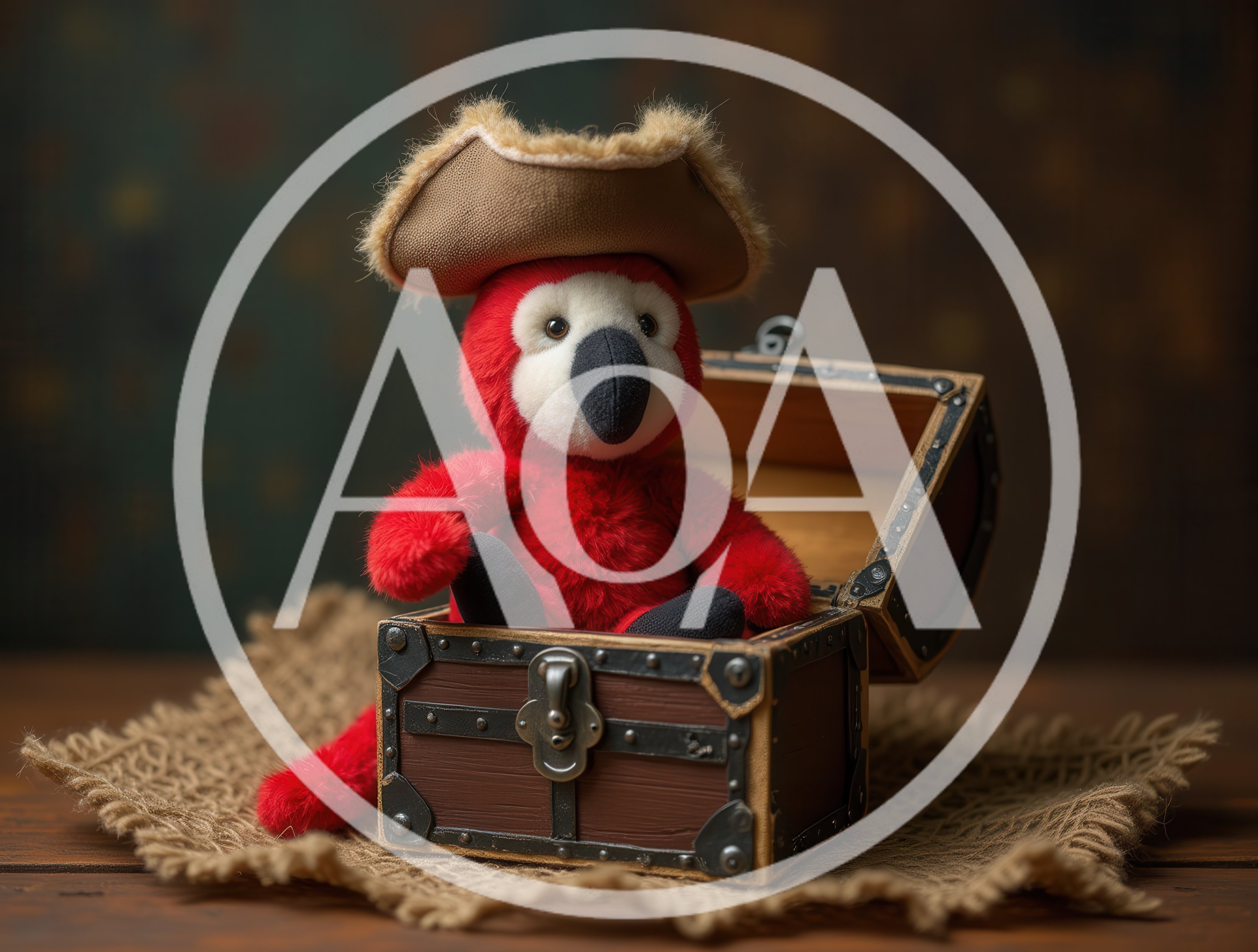 Plush Red Parrot Wearing Pirate Hat In Treasure Chest