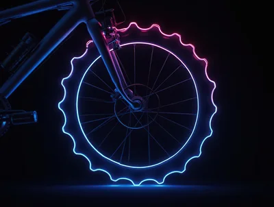 Neon Glowing Bicycle Wheel In Dark Studio