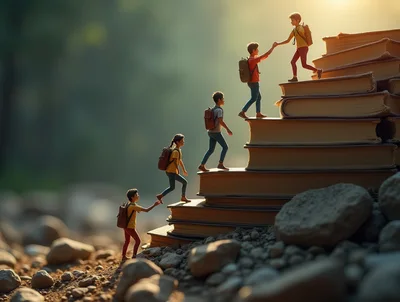 Children Climbing A Staircase Made Of Books