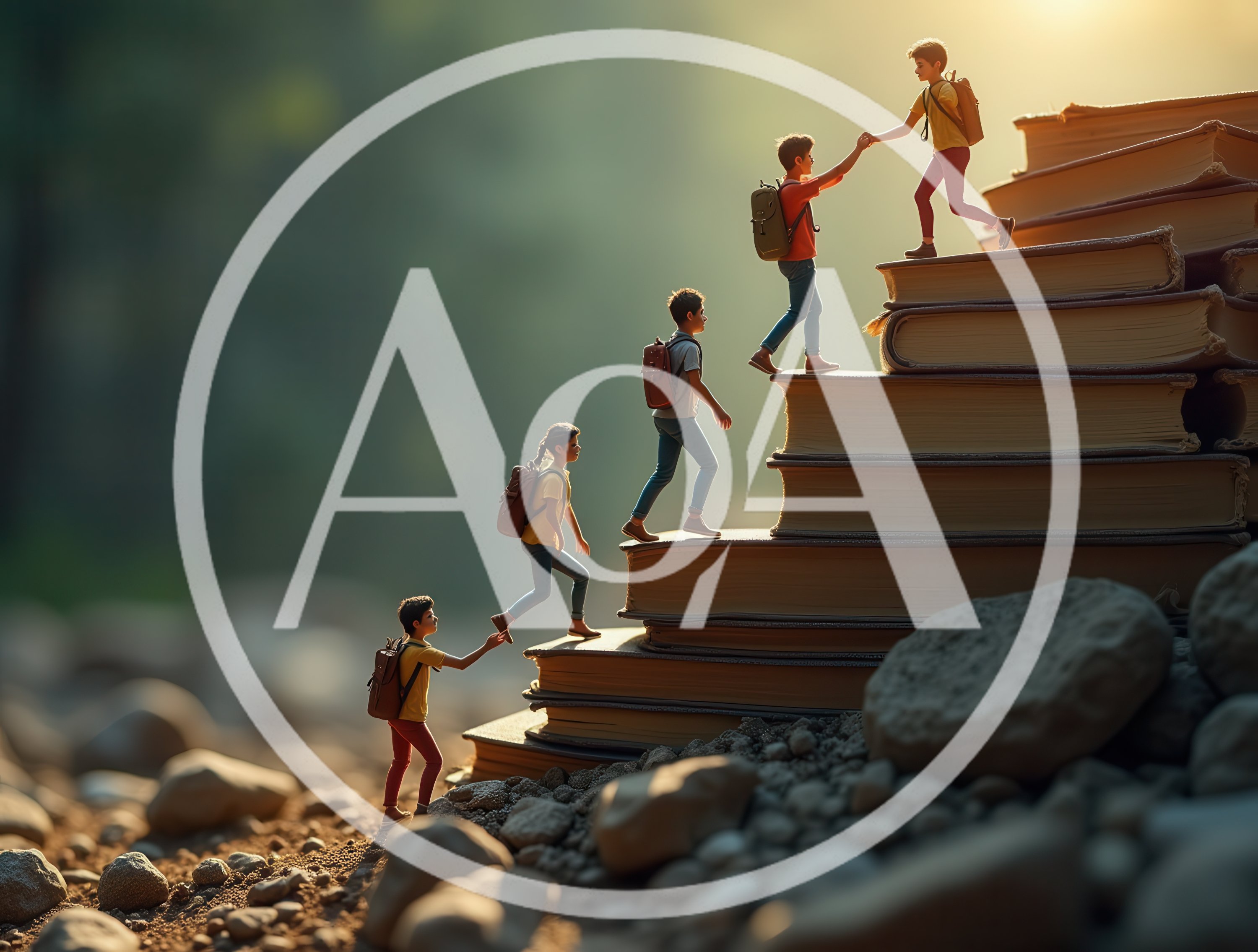 Children Climbing A Staircase Made Of Books
