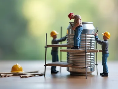 Miniature Construction Workers Building Around A Metal Can