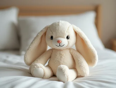 Cream Colored Plush Bunny Toy Sitting On Bed