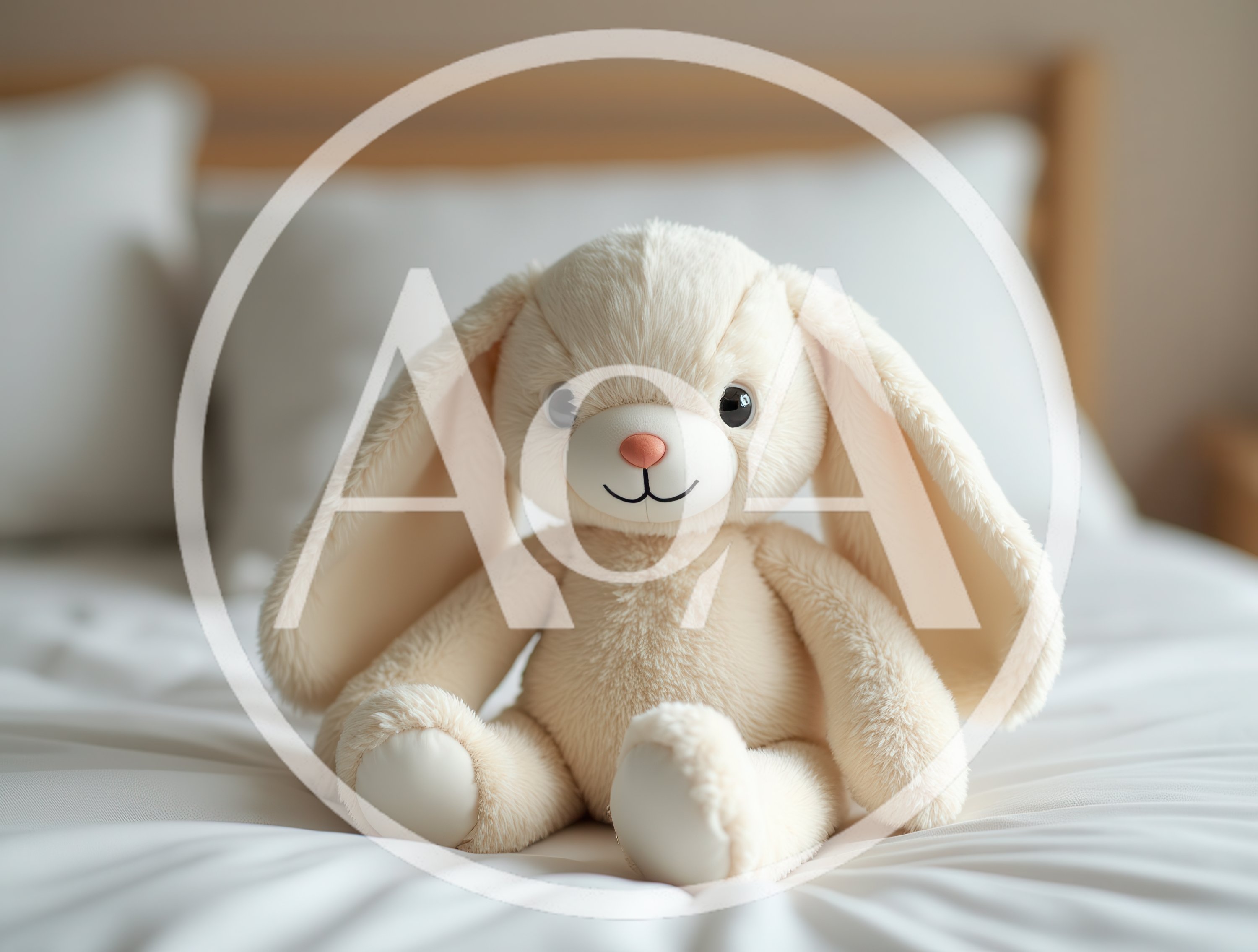 Cream Colored Plush Bunny Toy Sitting On Bed