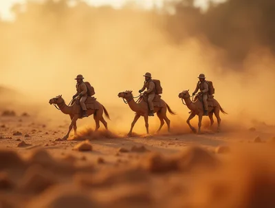 Three Soldiers Riding Camels Through A Desert