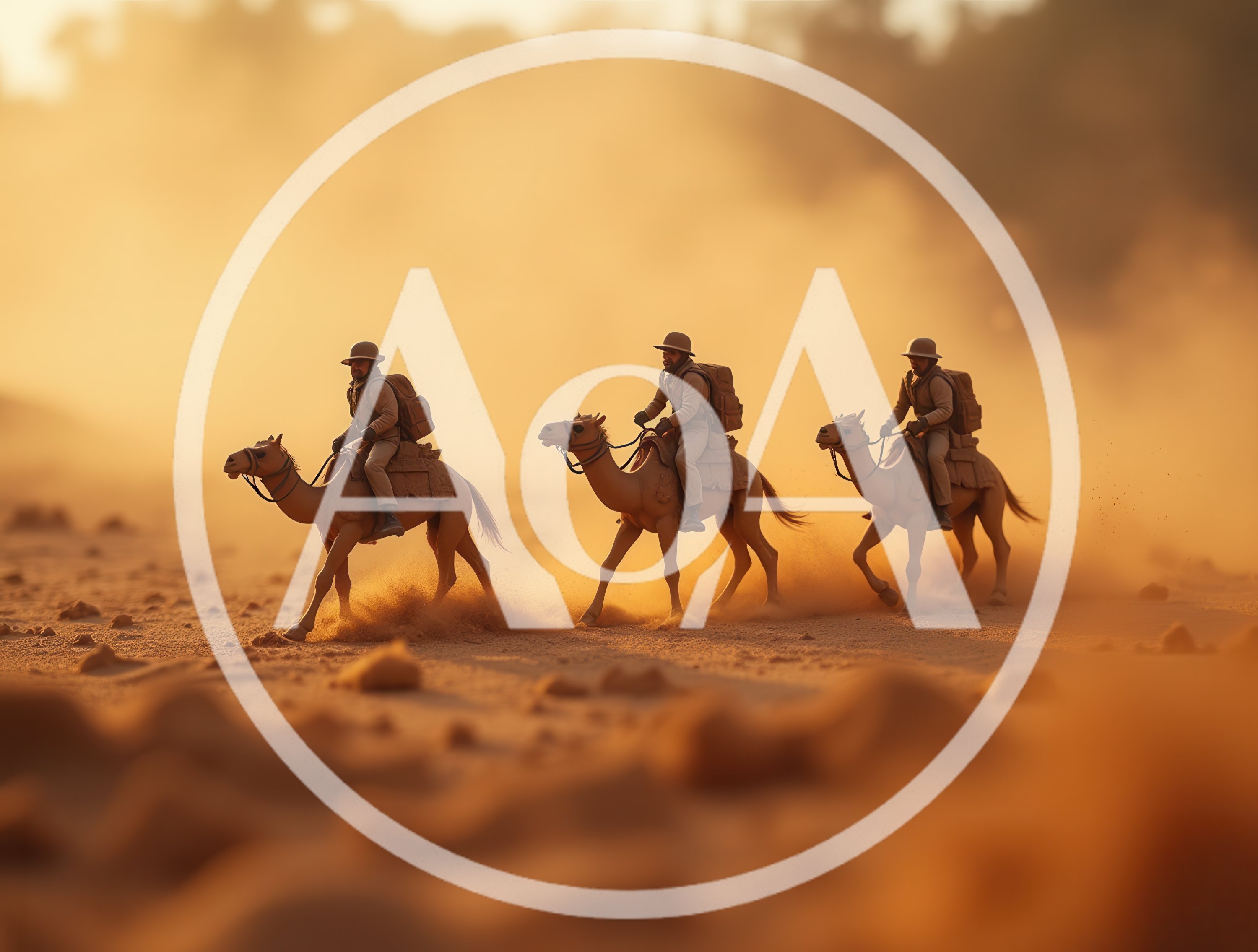 Three Soldiers Riding Camels Through A Desert