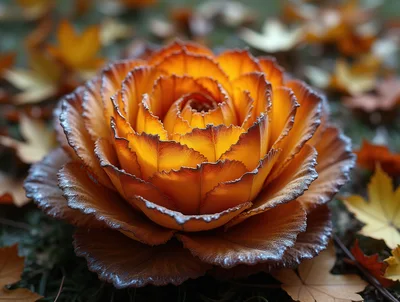 Ornamental Cabbage Flower With Autumn Leaves