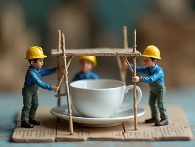 Miniature Construction Workers Building Scaffolding Around A Coffee Cup