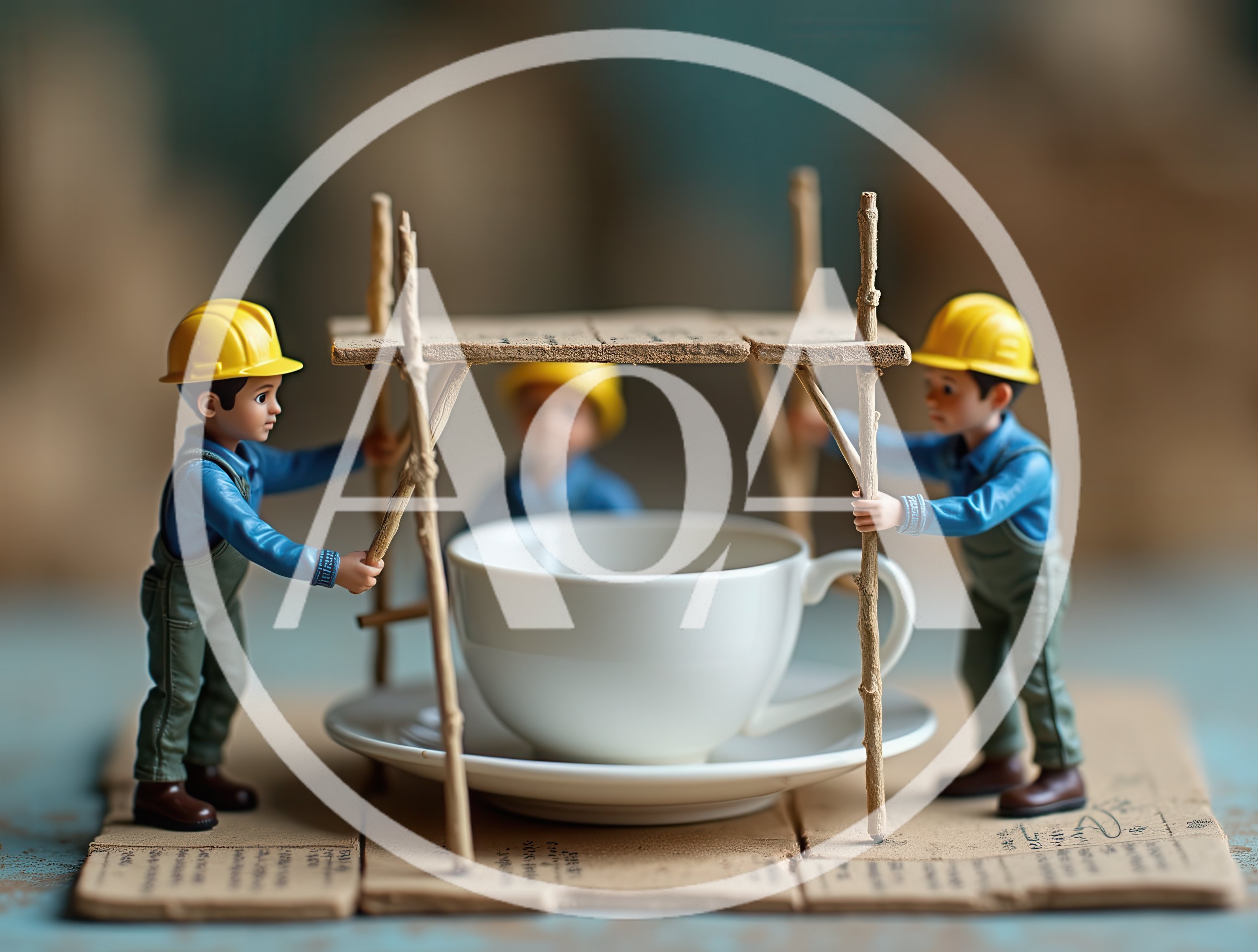 Miniature Construction Workers Building Scaffolding Around A Coffee Cup