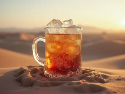 Iced Beverage In A Glass Mug On Desert Sand