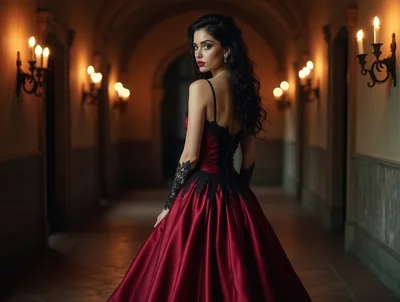 Elegant Woman In Red Gown Walking Through Dark Hallway