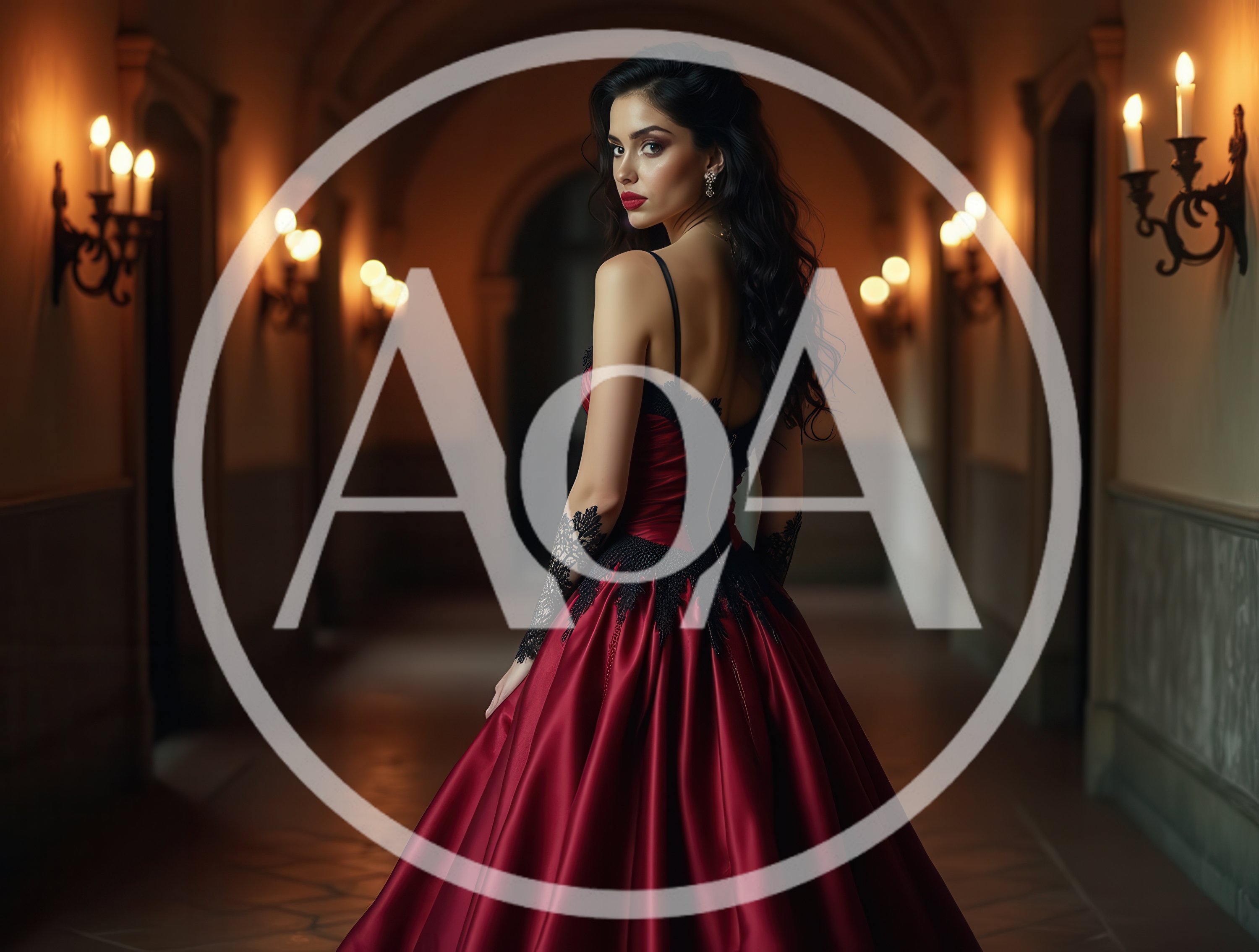 Elegant Woman In Red Gown Walking Through Dark Hallway