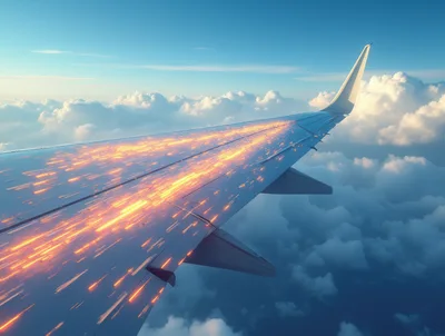 Airplane Wing With Glowing Energy Streaks In Flight