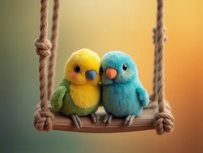 Two Fluffy Plush Birds Sitting Together On A Swing