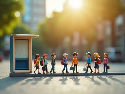 Miniature Figurines Walking In A Row At Bus Stop