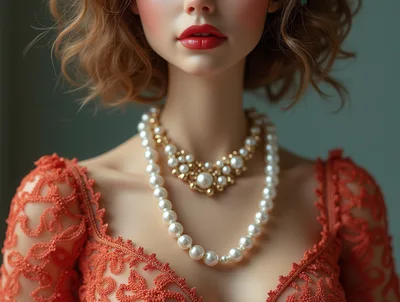 Elegant Woman Wearing Pearl Necklace And Lace Dress