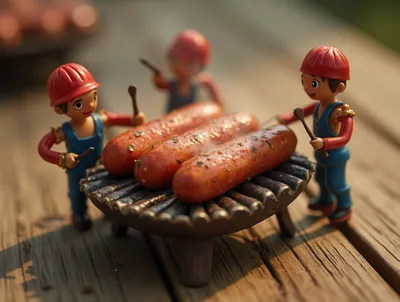 Toy Figures Grilling Sausages on Miniature Grill
