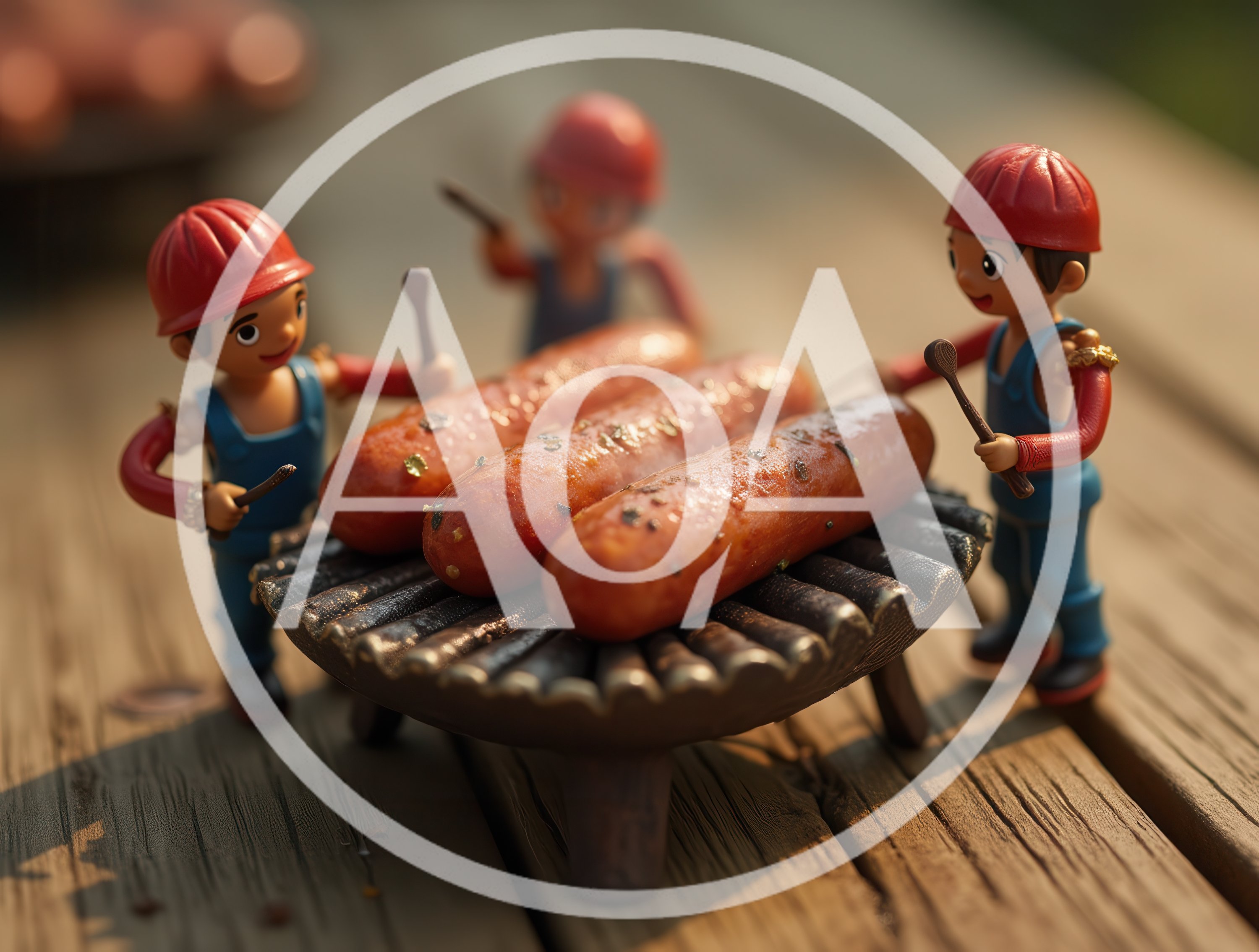 Toy Figures Grilling Sausages on Miniature Grill
