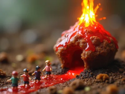 Miniature Toy Figures Walking Near A Volcanic Muffin
