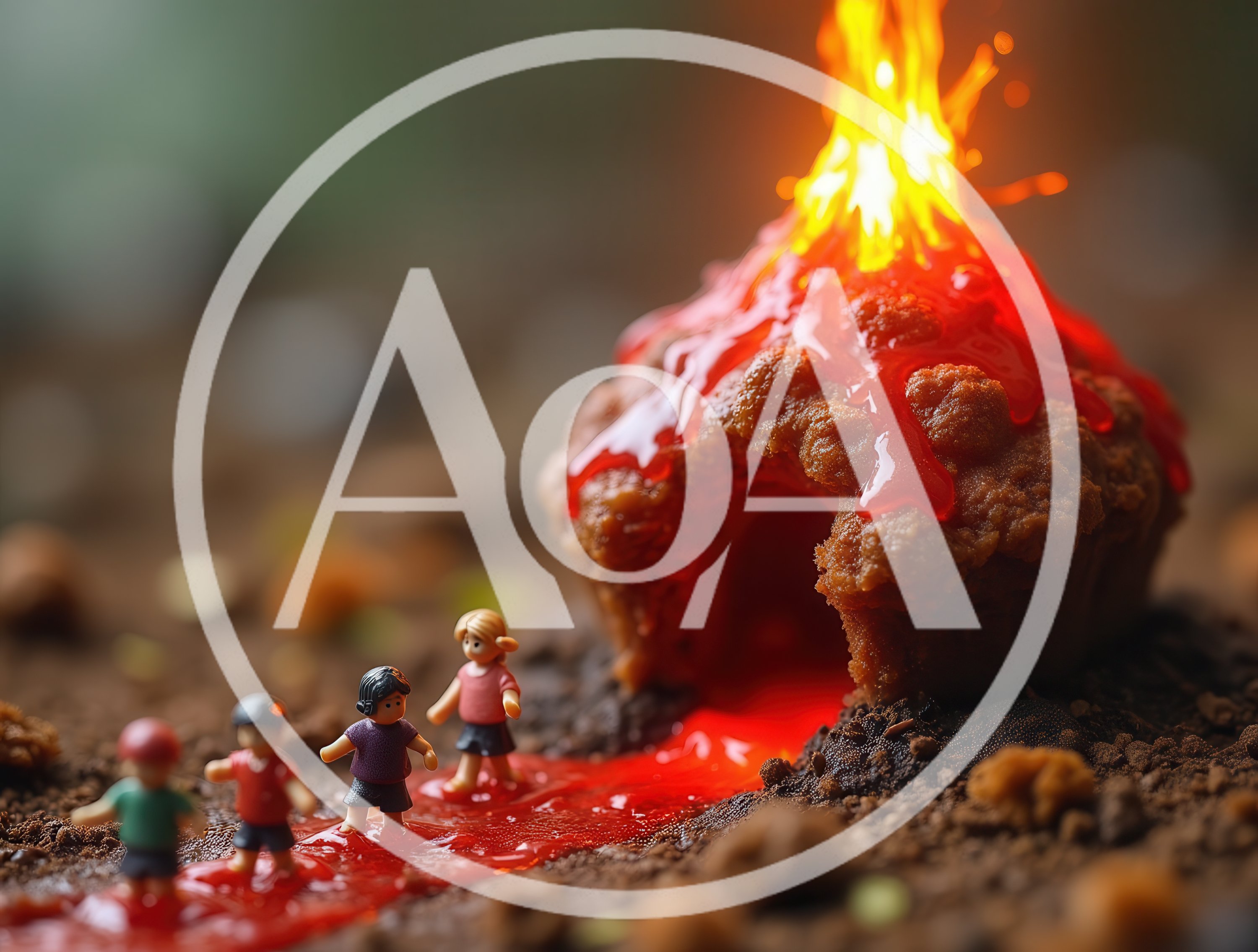 Miniature Toy Figures Walking Near A Volcanic Muffin