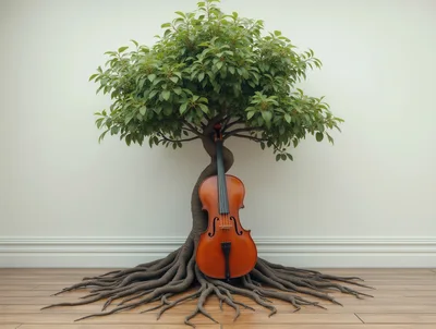 Cello Leaning Against A Surreal Tree With Exposed Roots