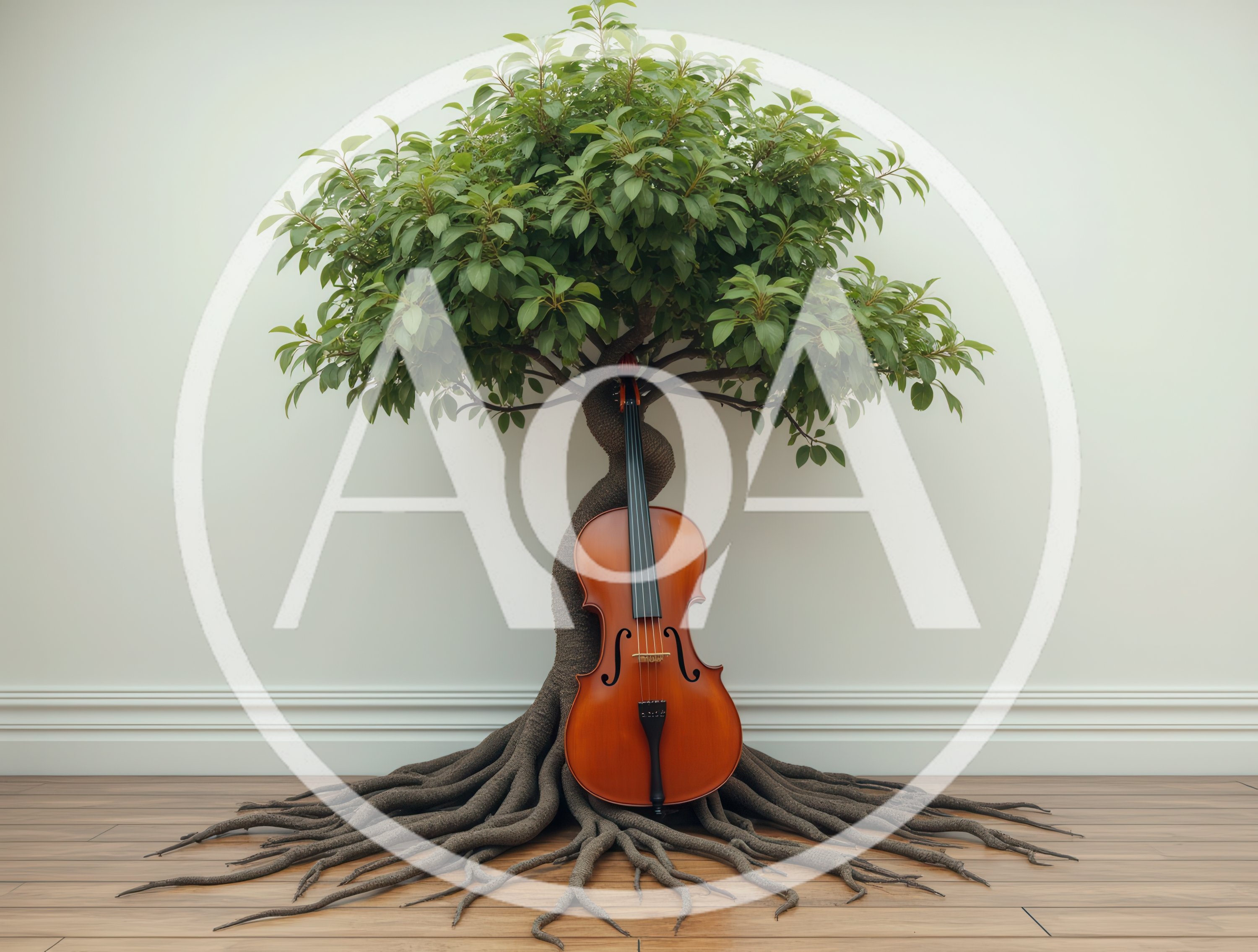 Cello Leaning Against A Surreal Tree With Exposed Roots