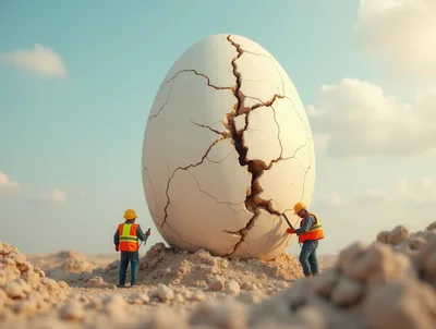 Construction Workers Inspecting A Giant Cracked Egg