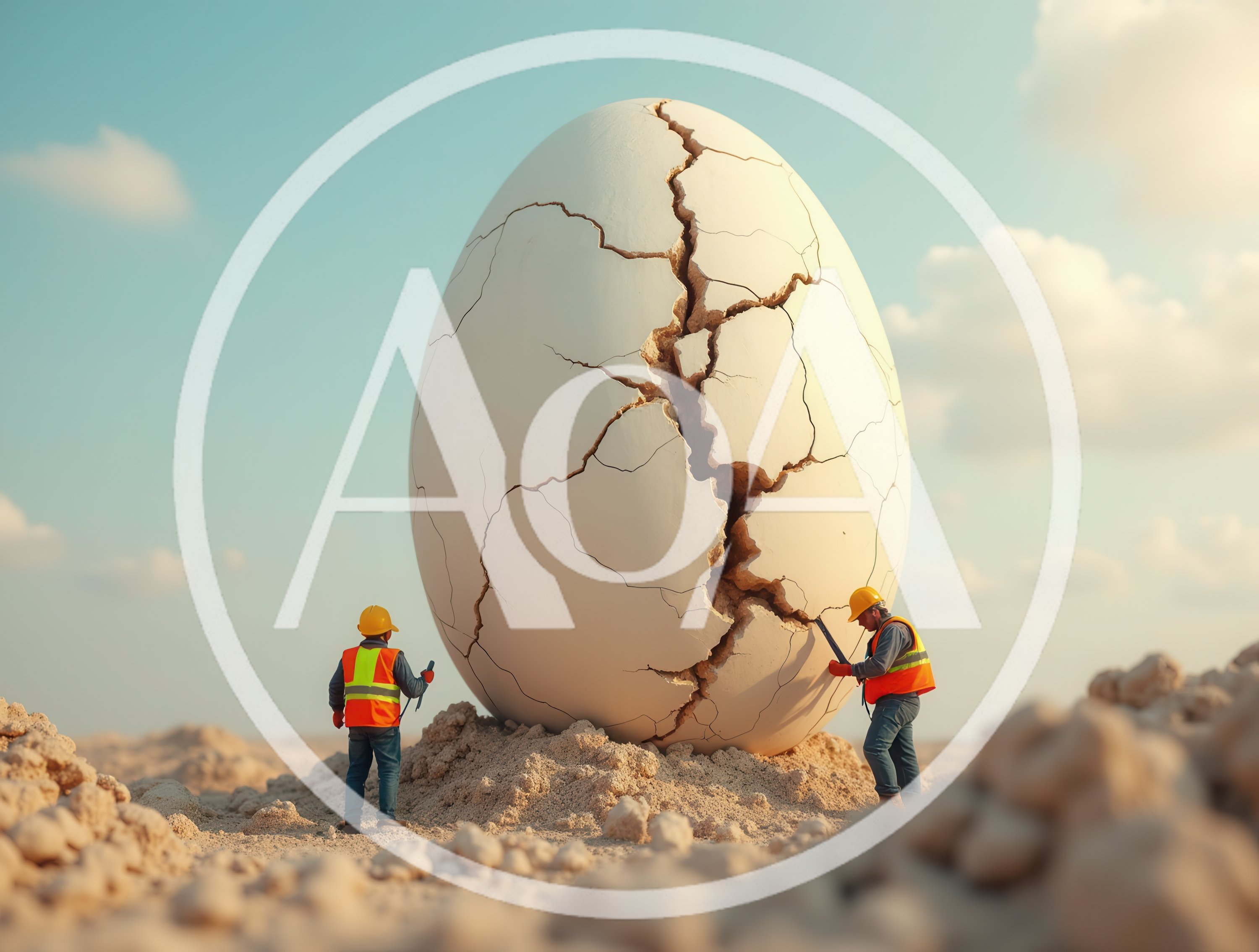Construction Workers Inspecting A Giant Cracked Egg