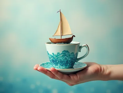 Miniature Sailboat Floating Inside A Decorative Teacup