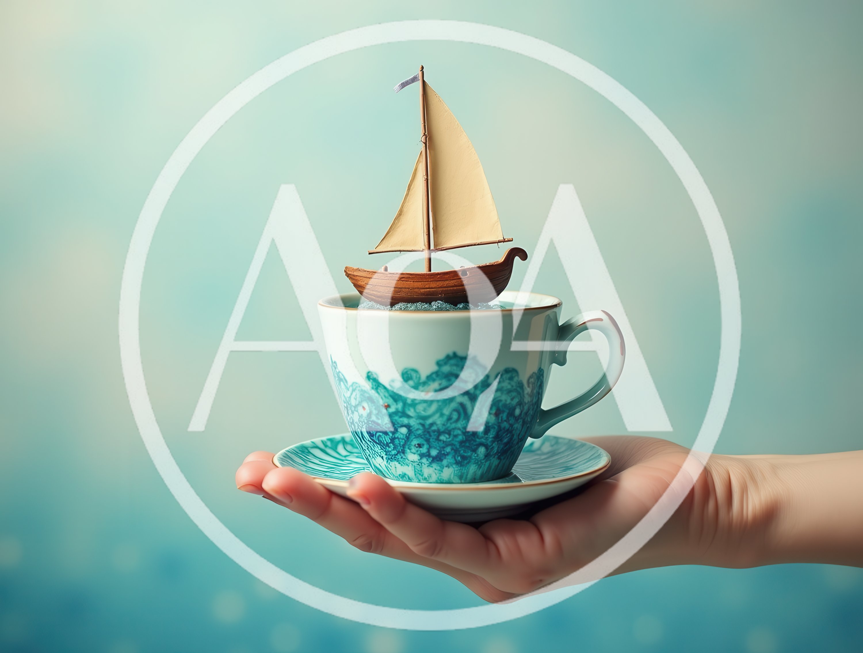Miniature Sailboat Floating Inside A Decorative Teacup