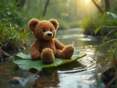 Teddy Bear Floating On A Leaf In A Stream