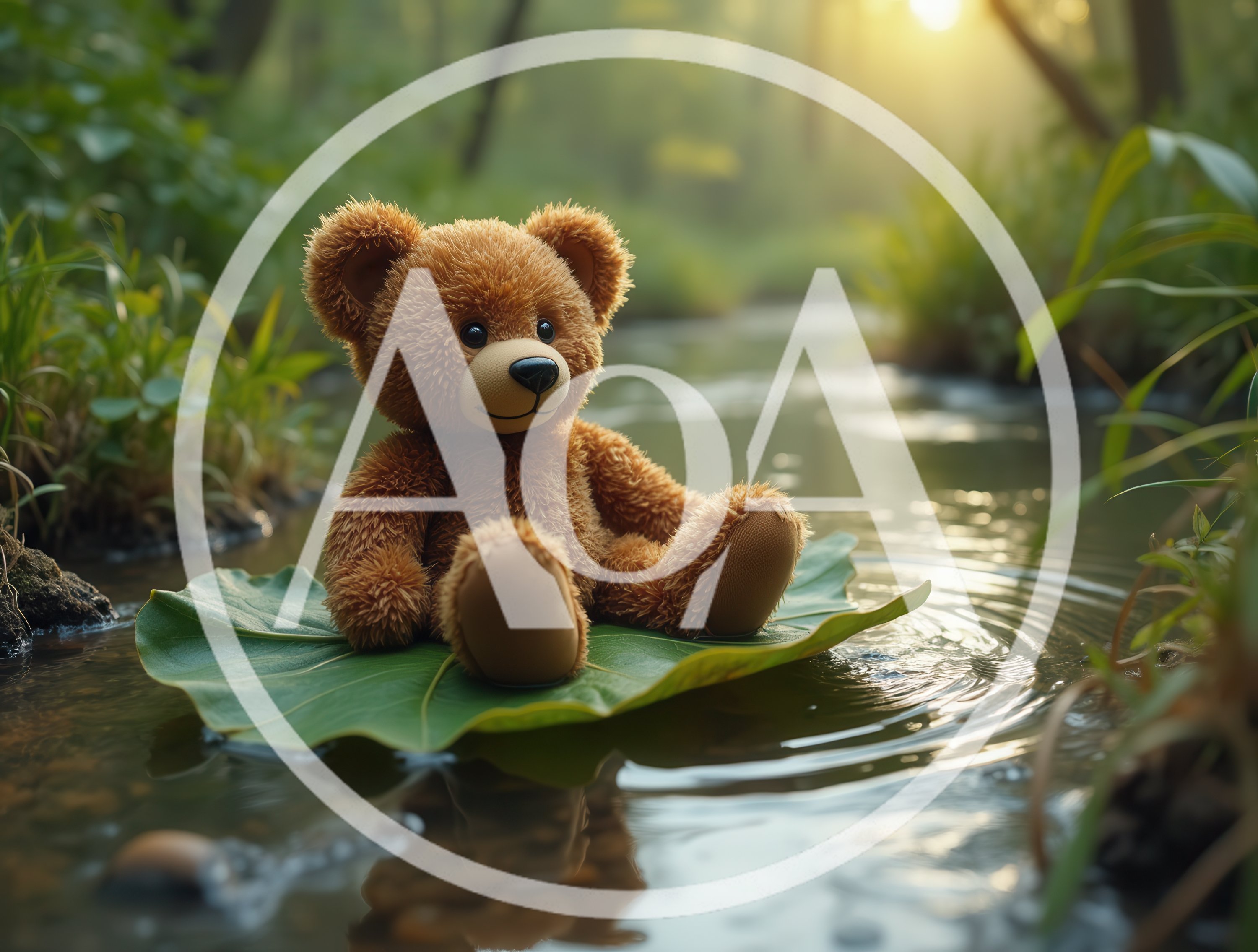 Teddy Bear Floating On A Leaf In A Stream