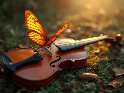 Orange Butterfly Resting on a Violin in Nature
